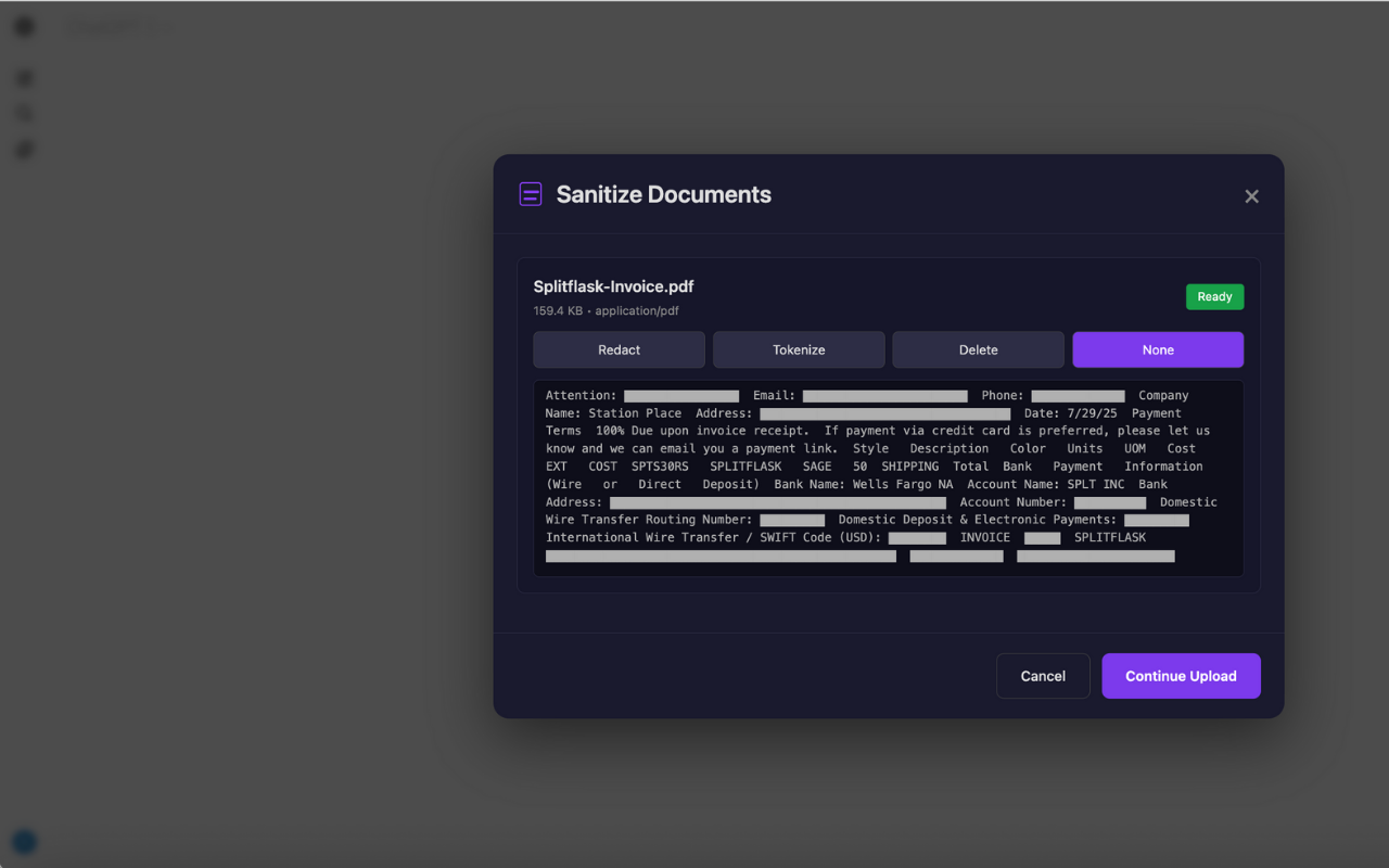 RedactChat sanitization panel showing a document being redacted before upload.